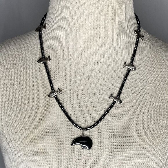 Handmade Jewelry - Southwest Hematite Native Fetish Bear w Fishes Set Necklace, Drop Earrings 21" L